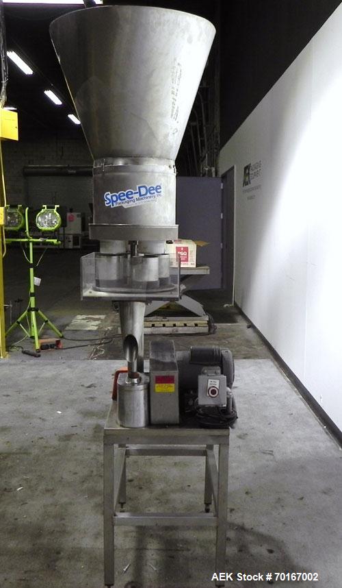 Used Spee-Dee BR-344 Volumetric Cup Filler. Capable of speeds up to 80 fills per minute. Has a 1.5 cubic foot stainless steel hopper. Cup size: diameter 4", length .62" to 12" with changeparts. Clutc...