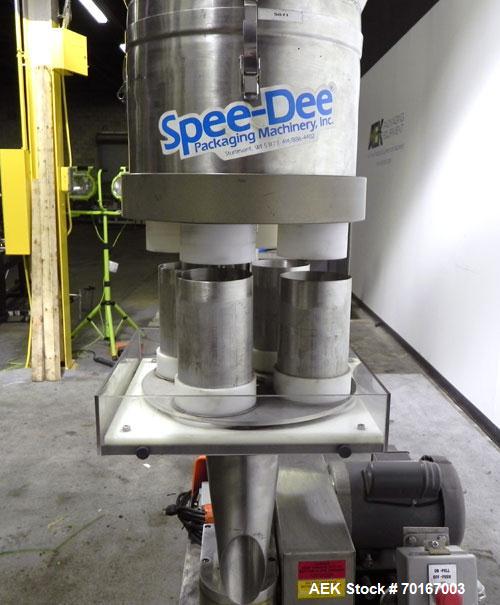 Used Spee-Dee BR-344 Volumetric Cup Filler.Capable of speeds up to 80 fills per minute. Has a 1.5 cubic foot stainless steel hopper. Cup size: diameter 4", length .62" to 12" with changeparts. Clutch...