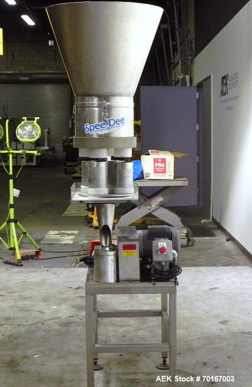 Used Spee-Dee BR-344 Volumetric Cup Filler.Capable of speeds up to 80 fills per minute. Has a 1.5 cubic foot stainless steel hopper. Cup size: diameter 4", length .62" to 12" with changeparts. Clutch...