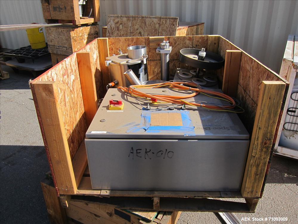 Used Spee-Dee Model CBS-194 Volumetric Cup Filler. 4-pocket rotary head. 2" (diameter) cups. Stainless steel construction. Allen Bradley MicroLogix 1500 controls. S/N: 5854