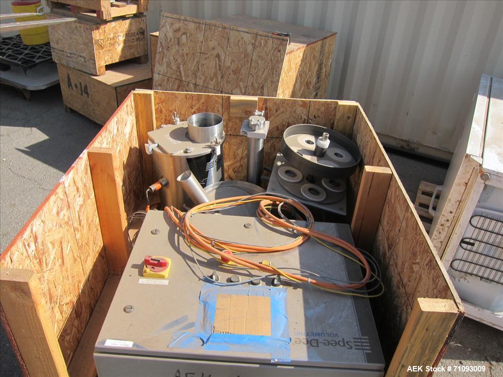 Used Spee-Dee Model CBS-194 Volumetric Cup Filler. 4-pocket rotary head. 2" (diameter) cups. Stainless steel construction. Allen Bradley MicroLogix 1500 controls. S/N: 5854