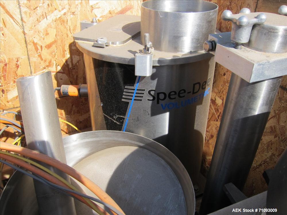 Used Spee-Dee Model CBS-194 Volumetric Cup Filler. 4-pocket rotary head. 2" (diameter) cups. Stainless steel construction. Allen Bradley MicroLogix 1500 controls. S/N: 5854