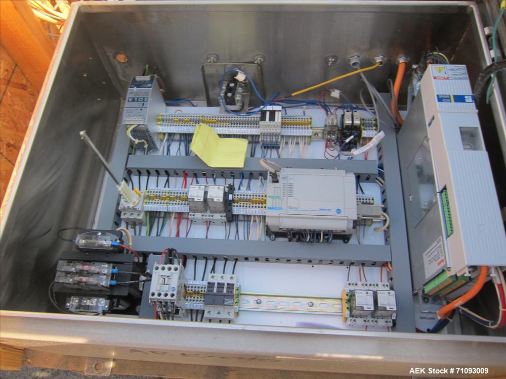 Used Spee-Dee Model CBS-194 Volumetric Cup Filler. 4-pocket rotary head. 2" (diameter) cups. Stainless steel construction. Allen Bradley MicroLogix 1500 controls. S/N: 5854