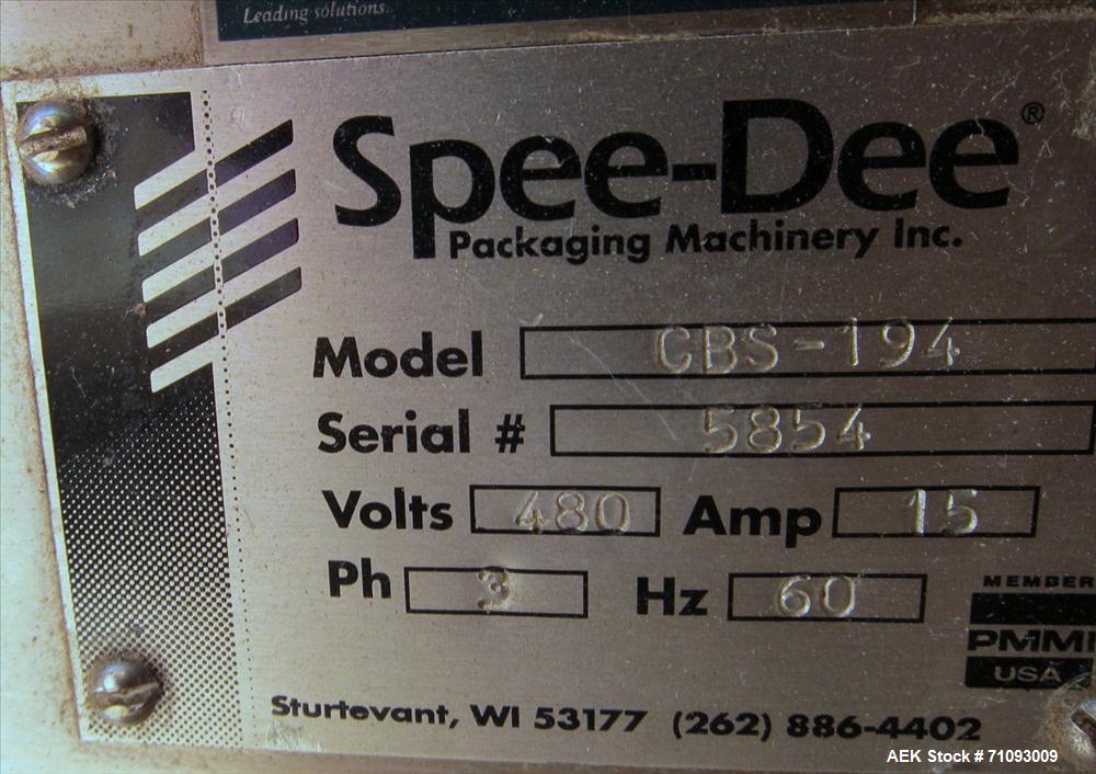 Used Spee-Dee Model CBS-194 Volumetric Cup Filler. 4-pocket rotary head. 2" (diameter) cups. Stainless steel construction. Allen Bradley MicroLogix 1500 controls. S/N: 5854
