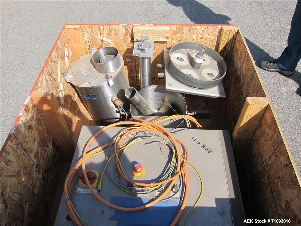 Used Spee-Dee Model CBS-194 Volumetric Cup Filler. 4-pocket rotary head. 2" (diameter) cups. Stainless steel construction. Allen Bradley MicroLogix 1500 controls. S/N: 5853