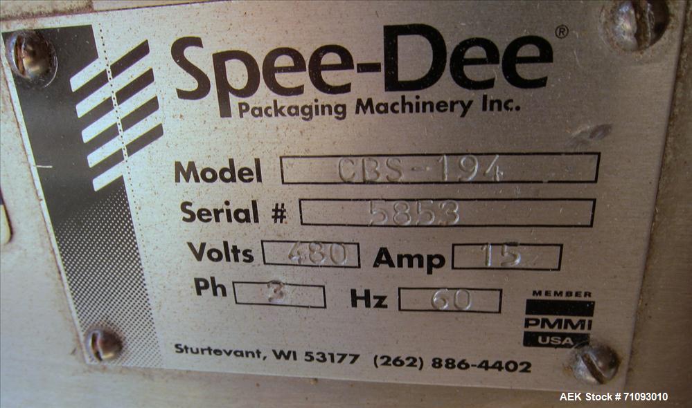 Used Spee-Dee Model CBS-194 Volumetric Cup Filler. 4-pocket rotary head. 2" (diameter) cups. Stainless steel construction. Allen Bradley MicroLogix 1500 controls. S/N: 5853