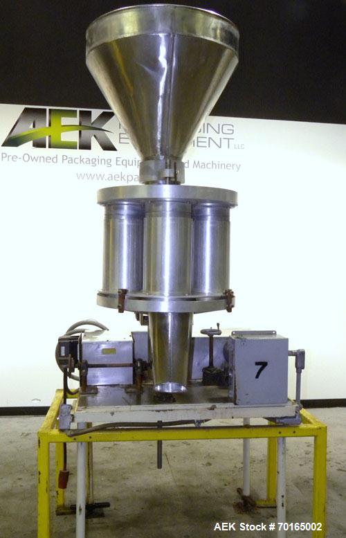 Used Spee-Dee Model KRE-468 4-Pocket Volumetric Cup Filler. Fixed speed 30 per minute. Has (4) 8" diameter 13" tall cup plates with a 4" vertical top plate adjustment. Machine has a 5.6 cubic foot st...