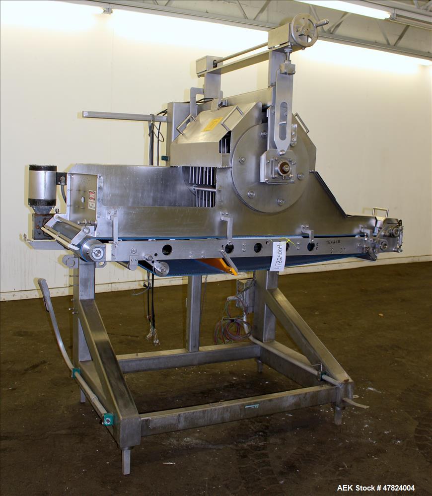 Used Waterfall Cheese/Applicator for Pizza, 304 Stainless Steel. Has 28" wide x 60" long belt conveyor driven by a 1/2hp, 3/60/208-230/460 volt, 1725 rpm washguard gear motor (no ratio). Approximate ...