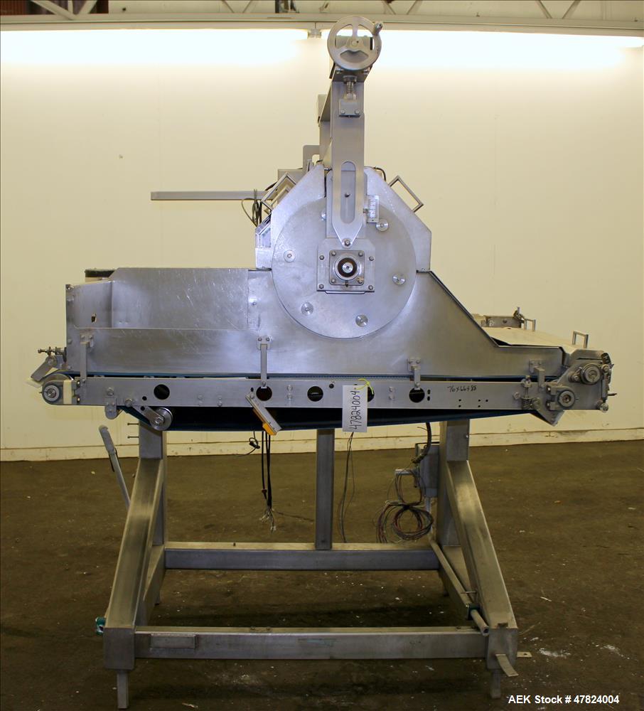 Used Waterfall Cheese/Applicator for Pizza, 304 Stainless Steel. Has 28" wide x 60" long belt conveyor driven by a 1/2hp, 3/60/208-230/460 volt, 1725 rpm washguard gear motor (no ratio). Approximate ...