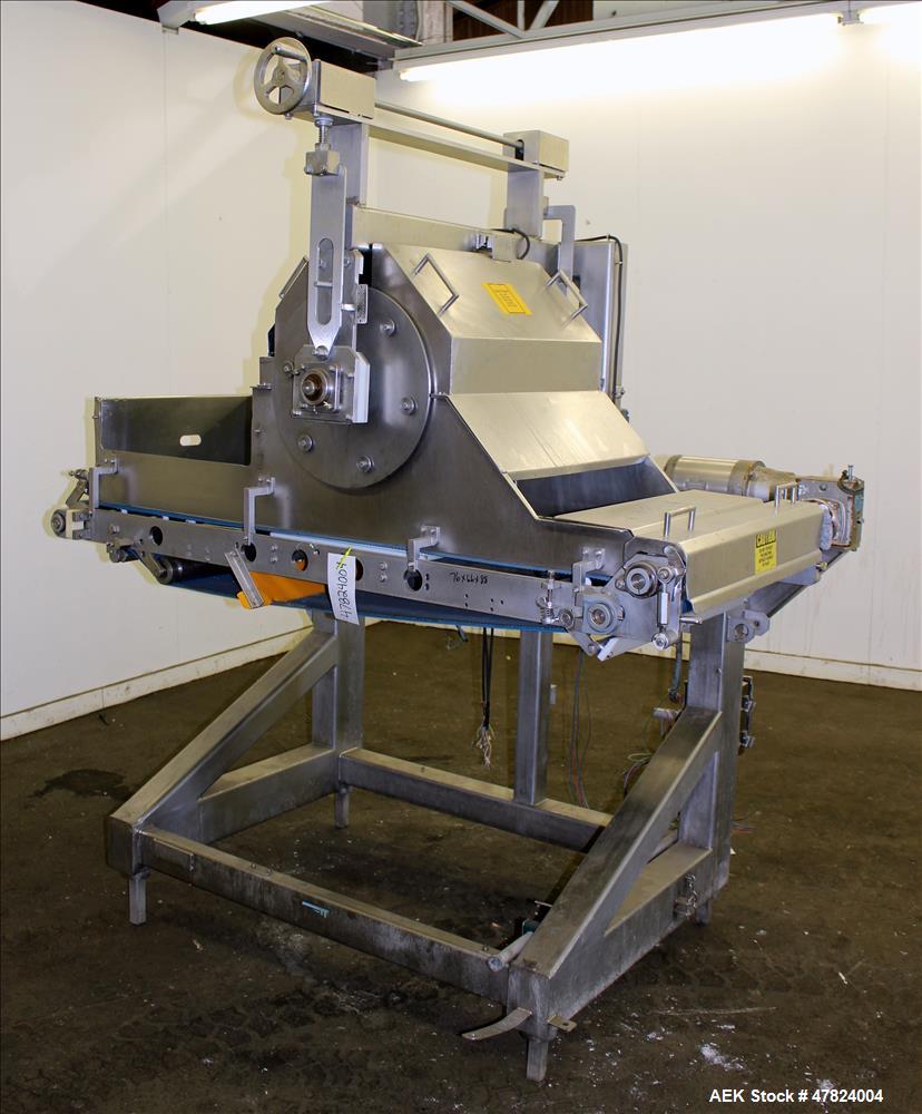 Used Waterfall Cheese/Applicator for Pizza, 304 Stainless Steel. Has 28" wide x 60" long belt conveyor driven by a 1/2hp, 3/60/208-230/460 volt, 1725 rpm washguard gear motor (no ratio). Approximate ...
