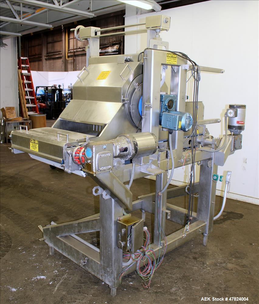 Used Waterfall Cheese/Applicator for Pizza, 304 Stainless Steel. Has 28" wide x 60" long belt conveyor driven by a 1/2hp, 3/60/208-230/460 volt, 1725 rpm washguard gear motor (no ratio). Approximate ...
