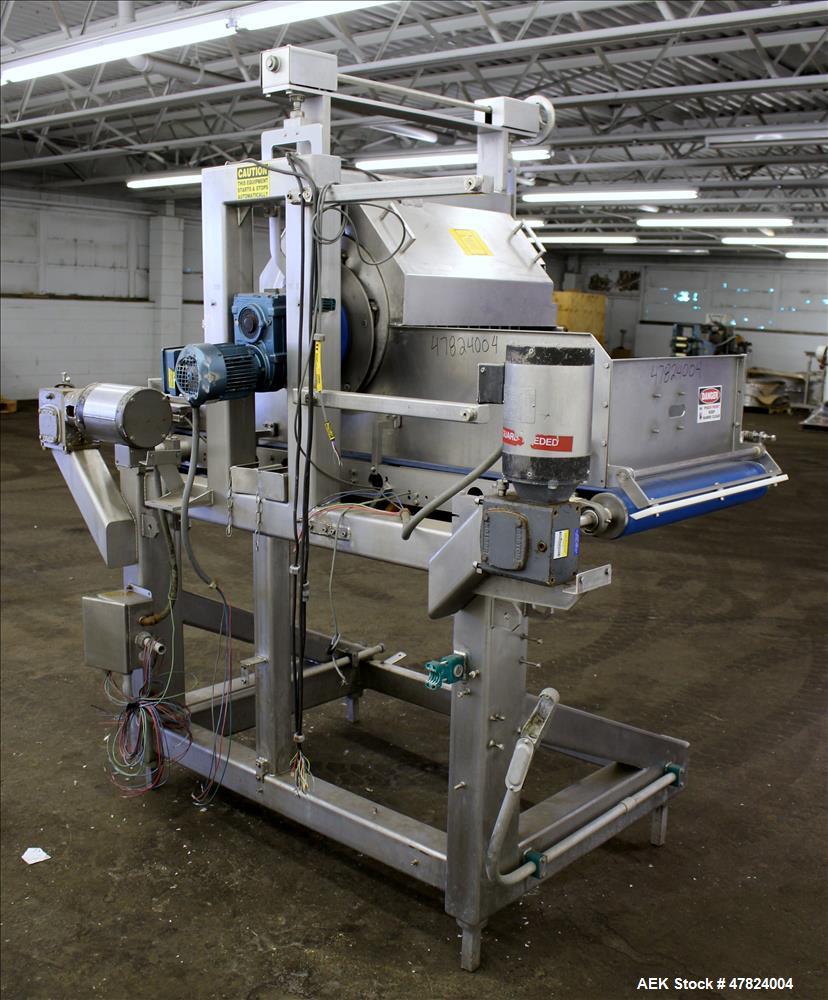 Used Waterfall Cheese/Applicator for Pizza, 304 Stainless Steel. Has 28" wide x 60" long belt conveyor driven by a 1/2hp, 3/60/208-230/460 volt, 1725 rpm washguard gear motor (no ratio). Approximate ...