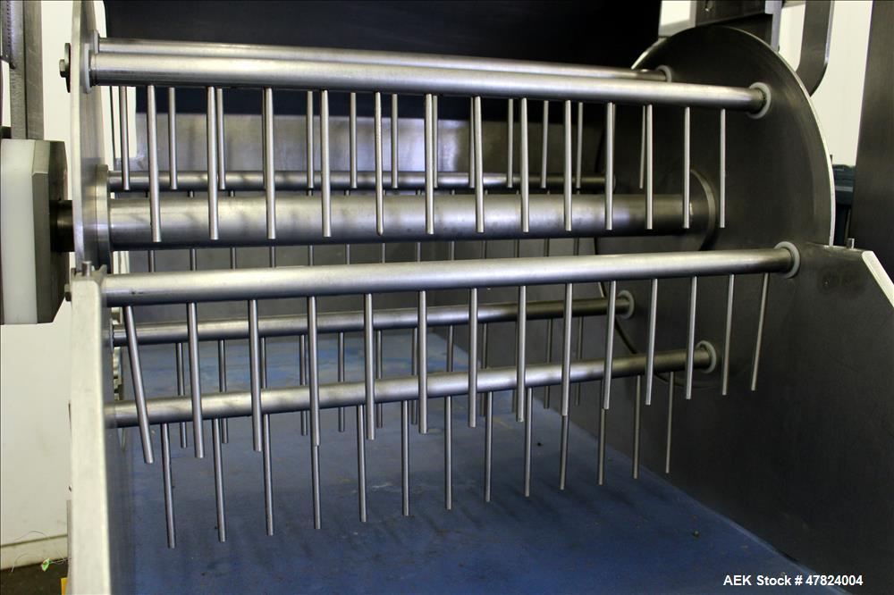 Used Waterfall Cheese/Applicator for Pizza, 304 Stainless Steel. Has 28" wide x 60" long belt conveyor driven by a 1/2hp, 3/60/208-230/460 volt, 1725 rpm washguard gear motor (no ratio). Approximate ...