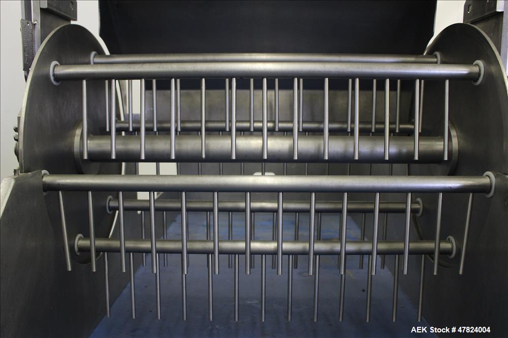 Used Waterfall Cheese/Applicator for Pizza, 304 Stainless Steel. Has 28" wide x 60" long belt conveyor driven by a 1/2hp, 3/60/208-230/460 volt, 1725 rpm washguard gear motor (no ratio). Approximate ...