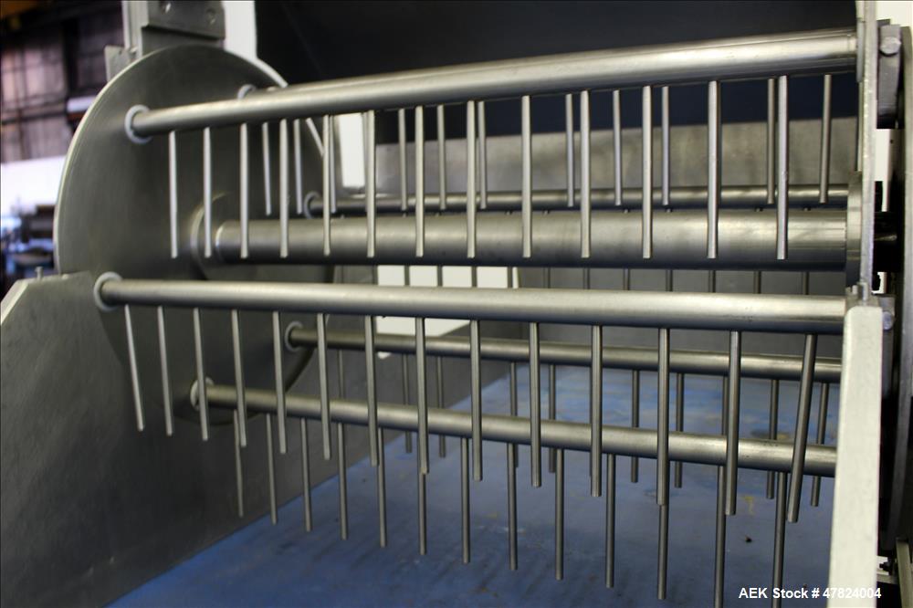Used Waterfall Cheese/Applicator for Pizza, 304 Stainless Steel. Has 28" wide x 60" long belt conveyor driven by a 1/2hp, 3/60/208-230/460 volt, 1725 rpm washguard gear motor (no ratio). Approximate ...