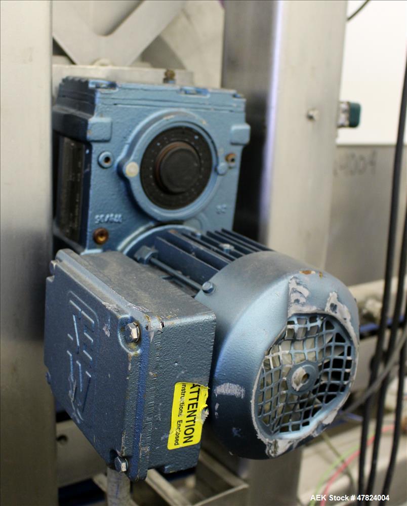 Used Waterfall Cheese/Applicator for Pizza, 304 Stainless Steel. Has 28" wide x 60" long belt conveyor driven by a 1/2hp, 3/60/208-230/460 volt, 1725 rpm washguard gear motor (no ratio). Approximate ...