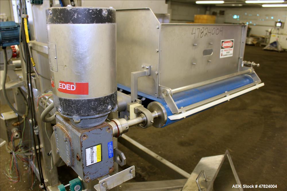 Used Waterfall Cheese/Applicator for Pizza, 304 Stainless Steel. Has 28" wide x 60" long belt conveyor driven by a 1/2hp, 3/60/208-230/460 volt, 1725 rpm washguard gear motor (no ratio). Approximate ...