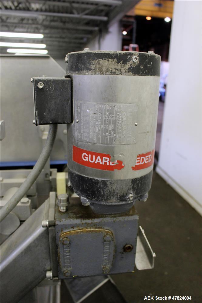 Used Waterfall Cheese/Applicator for Pizza, 304 Stainless Steel. Has 28" wide x 60" long belt conveyor driven by a 1/2hp, 3/60/208-230/460 volt, 1725 rpm washguard gear motor (no ratio). Approximate ...