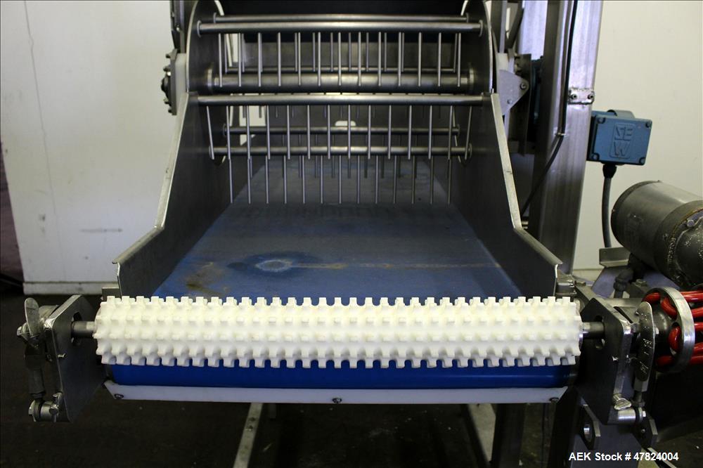 Used Waterfall Cheese/Applicator for Pizza, 304 Stainless Steel. Has 28" wide x 60" long belt conveyor driven by a 1/2hp, 3/60/208-230/460 volt, 1725 rpm washguard gear motor (no ratio). Approximate ...