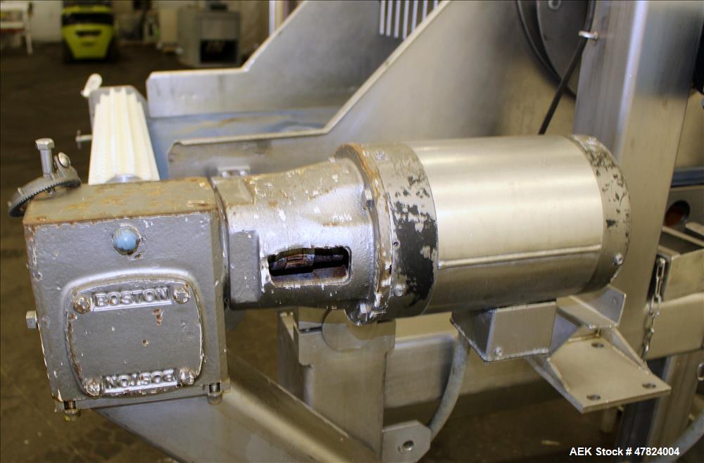 Used Waterfall Cheese/Applicator for Pizza, 304 Stainless Steel. Has 28" wide x 60" long belt conveyor driven by a 1/2hp, 3/60/208-230/460 volt, 1725 rpm washguard gear motor (no ratio). Approximate ...