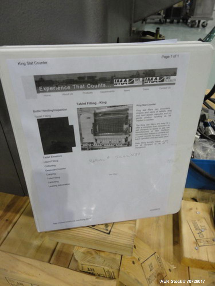 Used King SC6L Tablet or Capsule Slat Counter capable of speeds up to 120 bottles per minute. Has pin indexing. Tablet size range: 3 - 25 mm. Capsule size range: 0 - 5. Container size range: diameter...