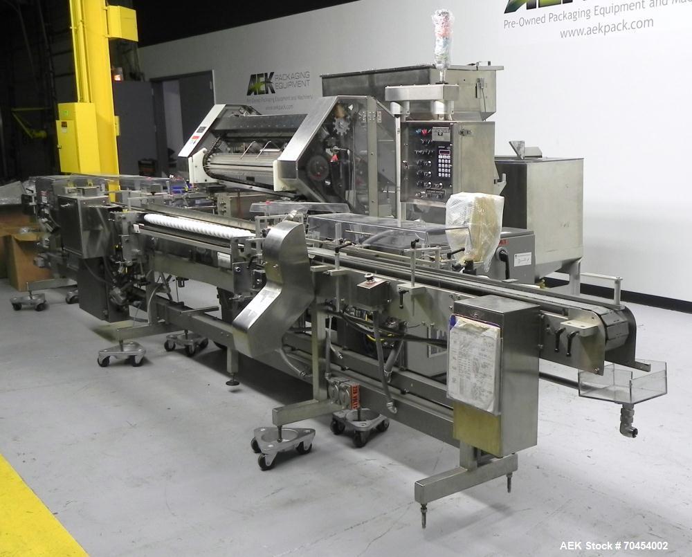 Used Lakso 990 (Model 93) Slat Counter. Is a dual lane unit with dual wormscrew infeed and gating device. Machine is capable of speeds over 300 bottles per minute. Has Lakso "Micro-Scan" empty cavity...