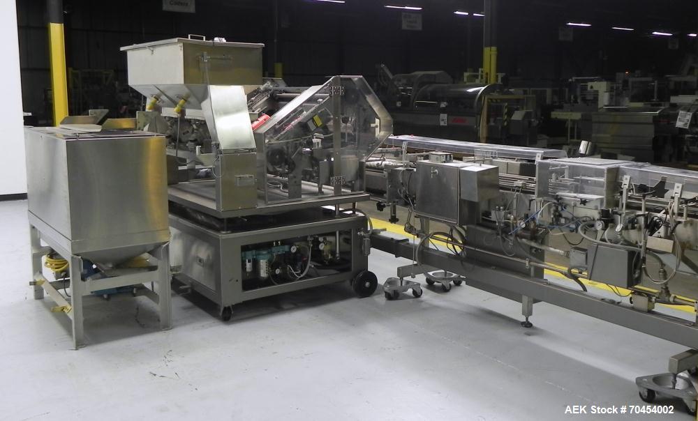 Used Lakso 990 (Model 93) Slat Counter. Is a dual lane unit with dual wormscrew infeed and gating device. Machine is capable of speeds over 300 bottles per minute. Has Lakso "Micro-Scan" empty cavity...