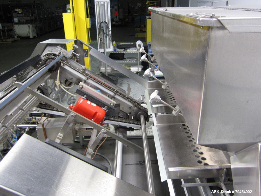 Used Lakso 990 (Model 93) Slat Counter. Is a dual lane unit with dual wormscrew infeed and gating device. Machine is capable of speeds over 300 bottles per minute. Has Lakso "Micro-Scan" empty cavity...