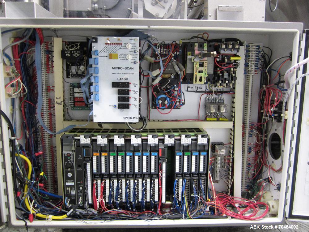 Used Lakso 990 (Model 93) Slat Counter. Is a dual lane unit with dual wormscrew infeed and gating device. Machine is capable of speeds over 300 bottles per minute. Has Lakso "Micro-Scan" empty cavity...