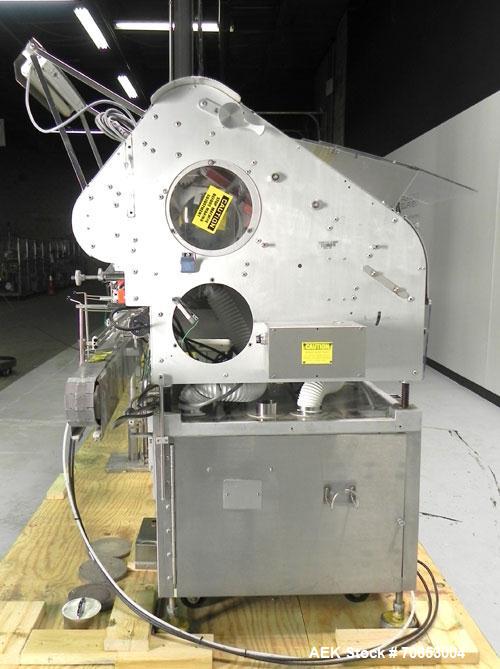 Used Merrill-Pennwalt (IMA) Model 72-16A Slat Counter capable of speeds up to 150 containers per minute. Has pin indexing system with Garvey table top indexing conveyor. Has stand alone stainless ste...