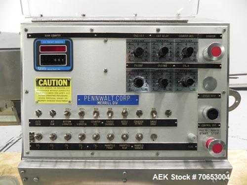 Used Merrill-Pennwalt (IMA) Model 72-16A Slat Counter capable of speeds up to 150 containers per minute. Has pin indexing system with Garvey table top indexing conveyor. Has stand alone stainless ste...