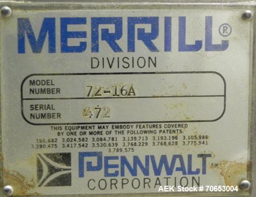 Used Merrill-Pennwalt (IMA) Model 72-16A Slat Counter capable of speeds up to 150 containers per minute. Has pin indexing system with Garvey table top indexing conveyor. Has stand alone stainless ste...