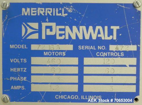 Used Merrill-Pennwalt (IMA) Model 72-16A Slat Counter capable of speeds up to 150 containers per minute. Has pin indexing system with Garvey table top indexing conveyor. Has stand alone stainless ste...