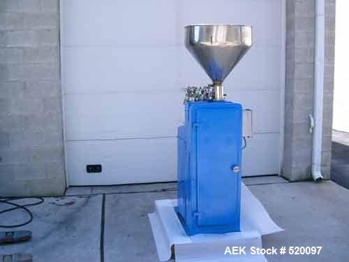 USED: Kalix model RV-7 tube filler. Includes pump for products up to approximately 150,000 cps, double reverse saddleback crimping station, jaw equipment with a slot to accept number bar to batch cod...