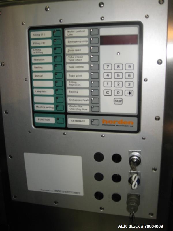 Used Norden NM2000 Metal Tube Filling Line with integrated Norden NP2000 cartoner.  Consists of NM2000 tube filler capable of speeds up to 200 tubes per minute.  Has a tube size range: diameter 10 mm...