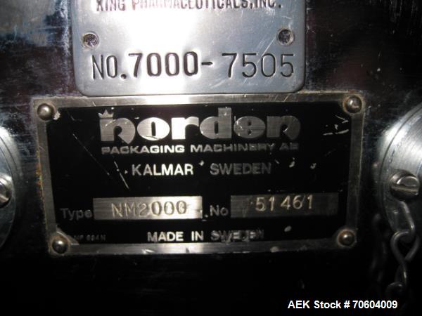 Used Norden NM2000 Metal Tube Filling Line with integrated Norden NP2000 cartoner.  Consists of NM2000 tube filler capable of speeds up to 200 tubes per minute.  Has a tube size range: diameter 10 mm...