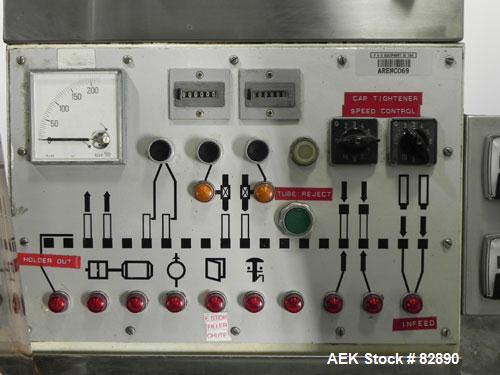 Used Arenco Model AM2000 Twin Piston Laminate Tube Filler. Currently equipped with high frequency sealer. Tubes are fed automatically through a dual tube magazine. Stations include tube cleaning, tub...