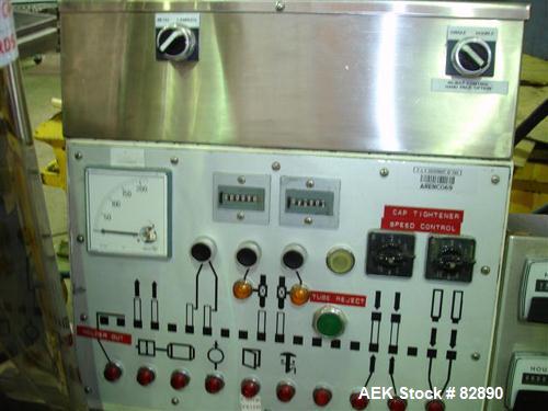 Used Arenco Model AM2000 Twin Piston Laminate Tube Filler. Currently equipped with high frequency sealer. Tubes are fed automatically through a dual tube magazine. Stations include tube cleaning, tub...