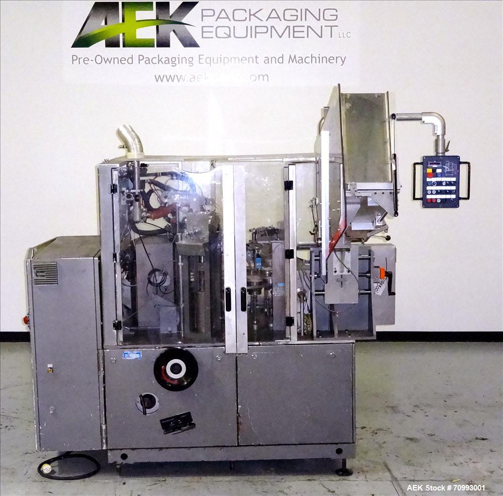 Used IWKA Model TFS 20-M Hot Air Tube filler. Capable of speeds from 40-120 tubes per minute. Includes Cassette Tube in feed and Leister Hot Air Sealer. Tube size range: (Diameter) 10mm - 52mm, (Leng...