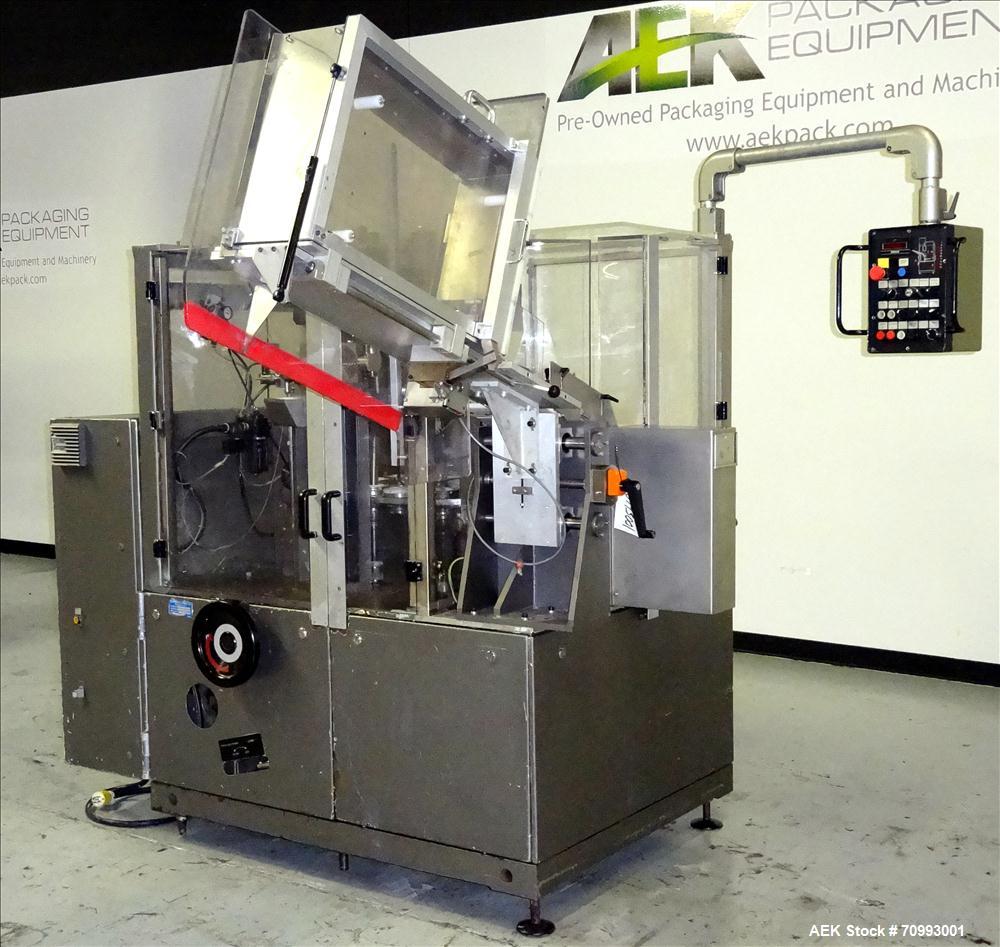 Used IWKA Model TFS 20-M Hot Air Tube filler. Capable of speeds from 40-120 tubes per minute. Includes Cassette Tube in feed and Leister Hot Air Sealer. Tube size range: (Diameter) 10mm - 52mm, (Leng...