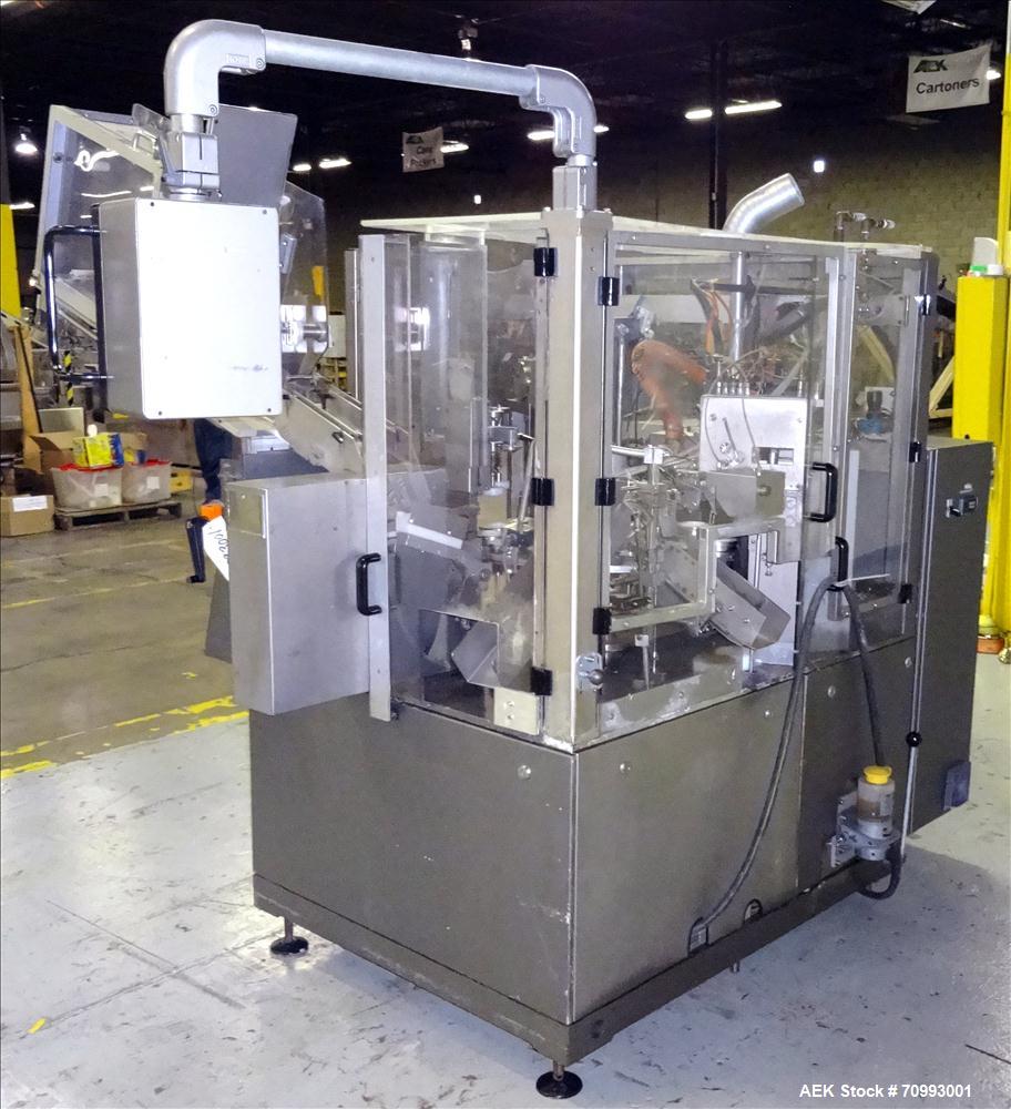 Used IWKA Model TFS 20-M Hot Air Tube filler. Capable of speeds from 40-120 tubes per minute. Includes Cassette Tube in feed and Leister Hot Air Sealer. Tube size range: (Diameter) 10mm - 52mm, (Leng...