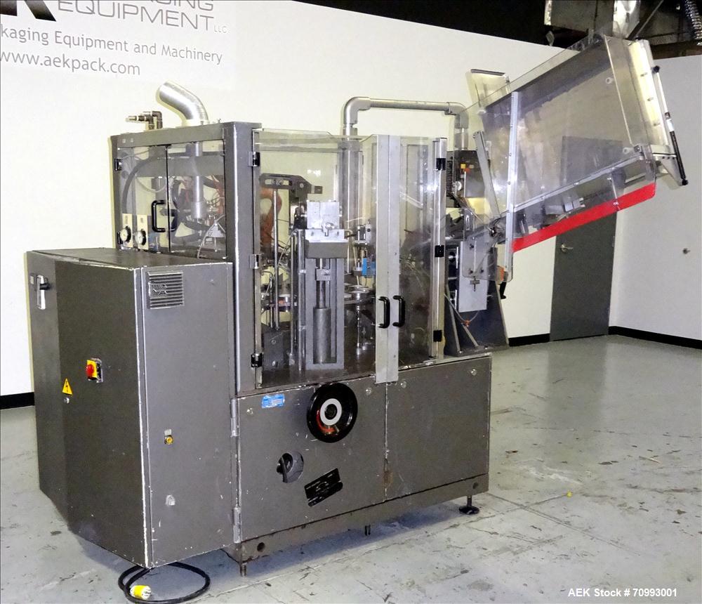 Used IWKA Model TFS 20-M Hot Air Tube filler. Capable of speeds from 40-120 tubes per minute. Includes Cassette Tube in feed and Leister Hot Air Sealer. Tube size range: (Diameter) 10mm - 52mm, (Leng...