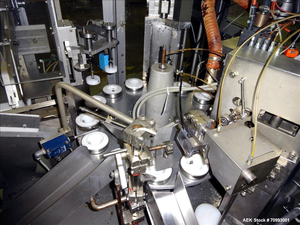 Used IWKA Model TFS 20-M Hot Air Tube filler. Capable of speeds from 40-120 tubes per minute. Includes Cassette Tube in feed and Leister Hot Air Sealer. Tube size range: (Diameter) 10mm - 52mm, (Leng...