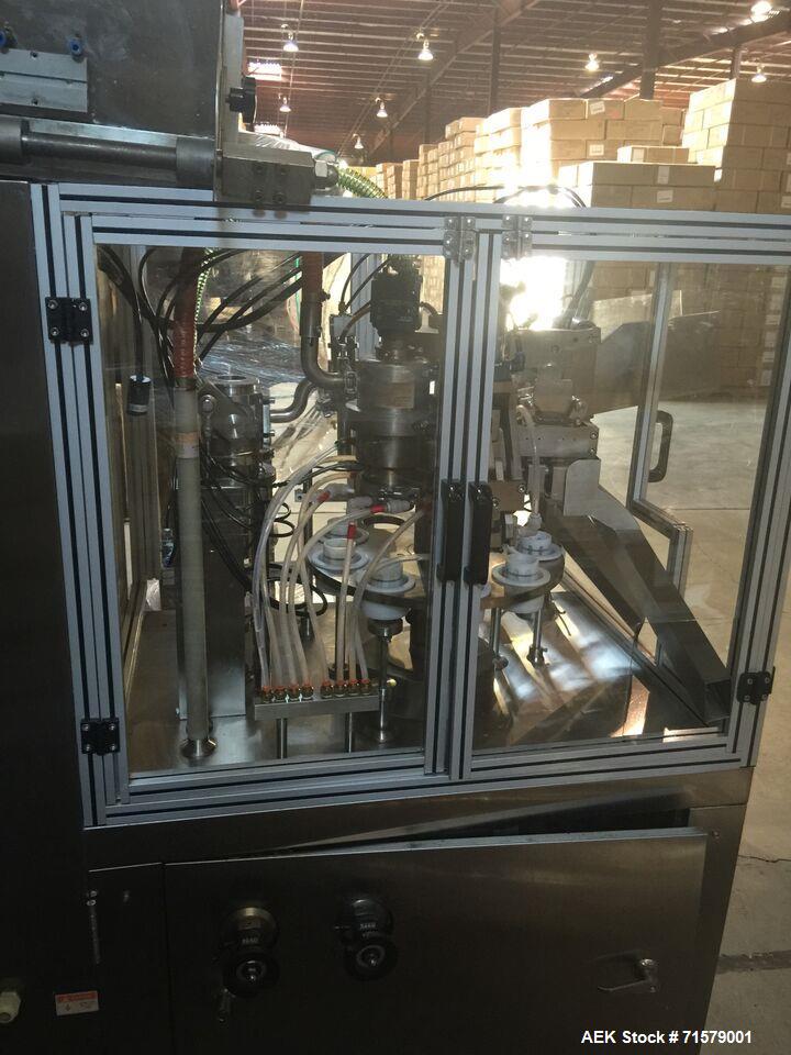 Used JDA Plastic Tube Filler, Model Super 30. 2,400 tubes per hour, tubes have diameters of: 1 Set: 36.5mm in diameter and 73mm tall.  Leister Hot Air Tube sealer, CH-6060 Sarnen, 220  230 V. Water C...