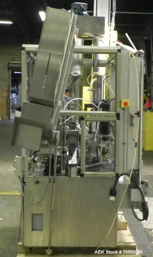 Used Klenz Pak Model KX80B 12 Station Hot Air Plastic Tube Filler. Machine is capable of speeds up to 80 tubes per minute. Tube size range: diameter up to 2" or 50mm, height up to 8" or 200mm. Fill s...