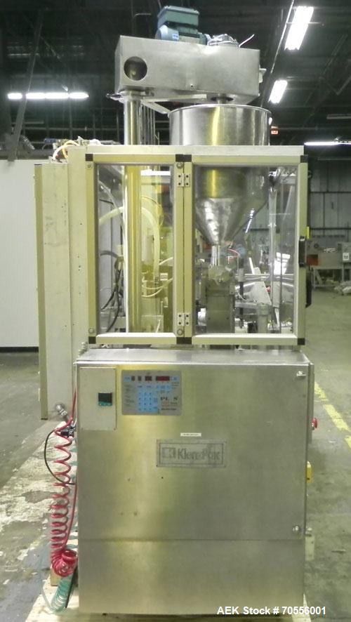 Used Klenz Pak Model KX80B 12 Station Hot Air Plastic Tube Filler. Machine is capable of speeds up to 80 tubes per minute. Tube size range: diameter up to 2" or 50mm, height up to 8" or 200mm. Fill s...