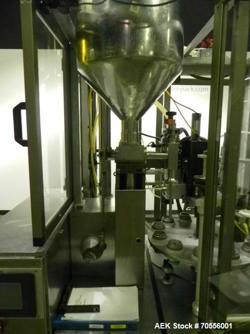 Used Klenz Pak Model KX80B 12 Station Hot Air Plastic Tube Filler. Machine is capable of speeds up to 80 tubes per minute. Tube size range: diameter up to 2" or 50mm, height up to 8" or 200mm. Fill s...
