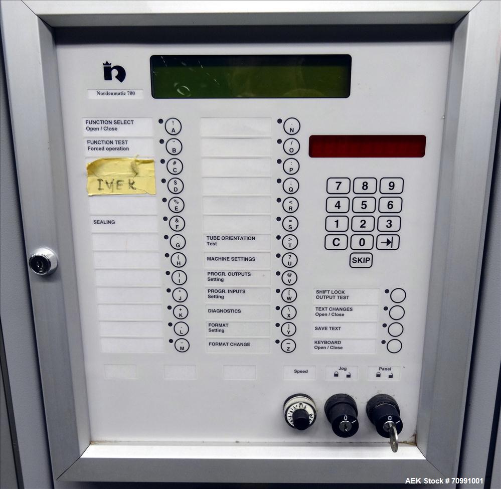 Used Norden Model NM 700 HA Hot Air Plastic Tube Filler. Capable of speeds up to 70 tubes per minute. General Fill volume range: 1ml - 300ml. Tube size range: (Length) 50mm - 250mm (Diam) 10mm - 60mm...