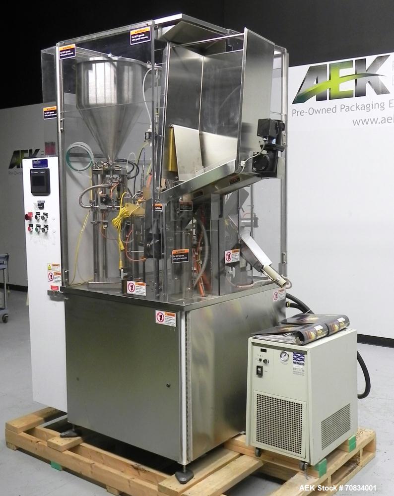 Used Prosys Model RT60H Hibar Pump Hot Air Plastic Tube Filler. Single pump servo driven rotary filler for micro-dose applications. Rated at speeds up to 70 tubes per minute. Has a fill volume range ...