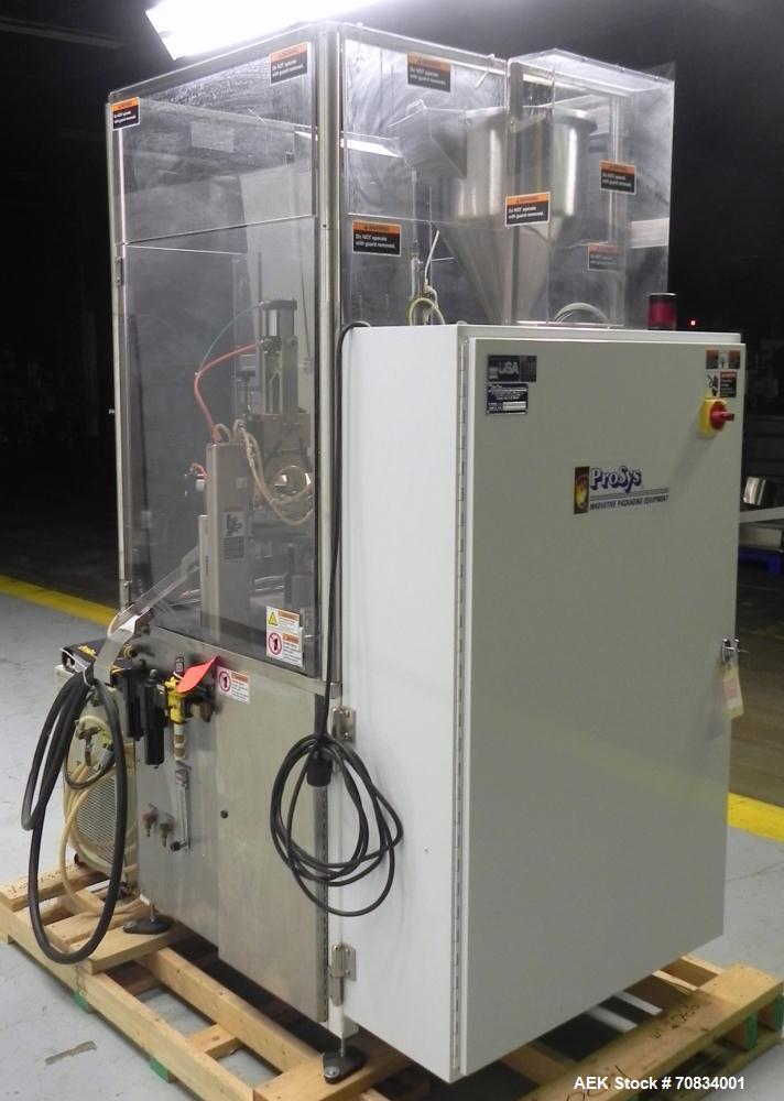 Used Prosys Model RT60H Hibar Pump Hot Air Plastic Tube Filler. Single pump servo driven rotary filler for micro-dose applications. Rated at speeds up to 70 tubes per minute. Has a fill volume range ...